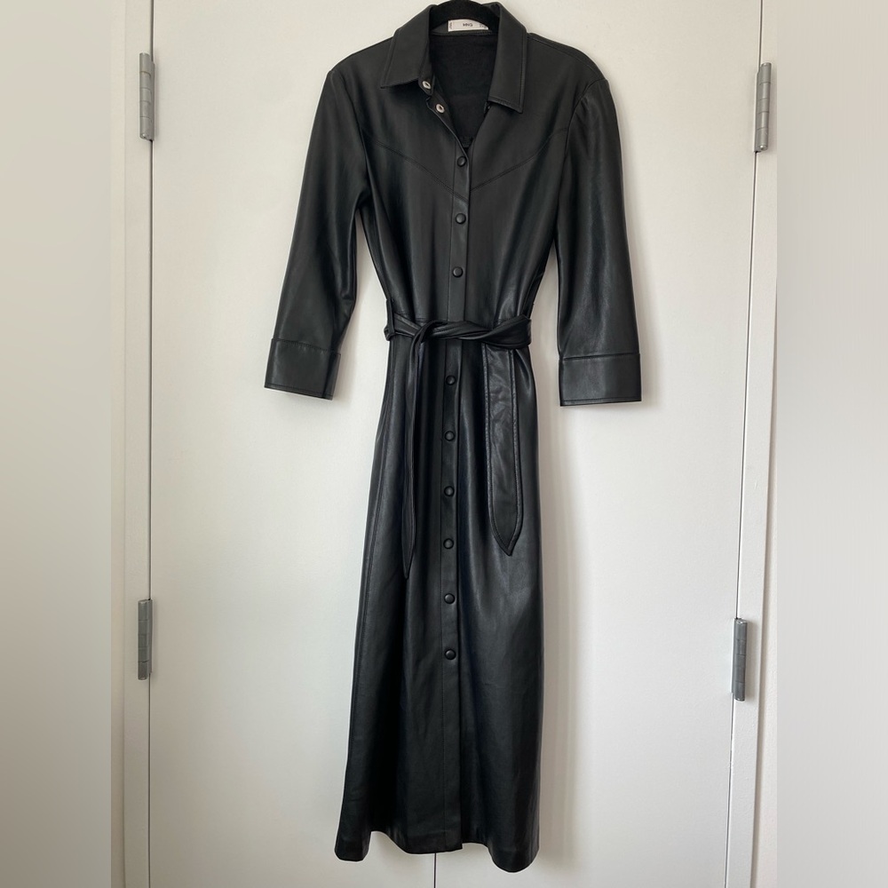 Mango Black Faux Leather Shirt Dress - size 4
